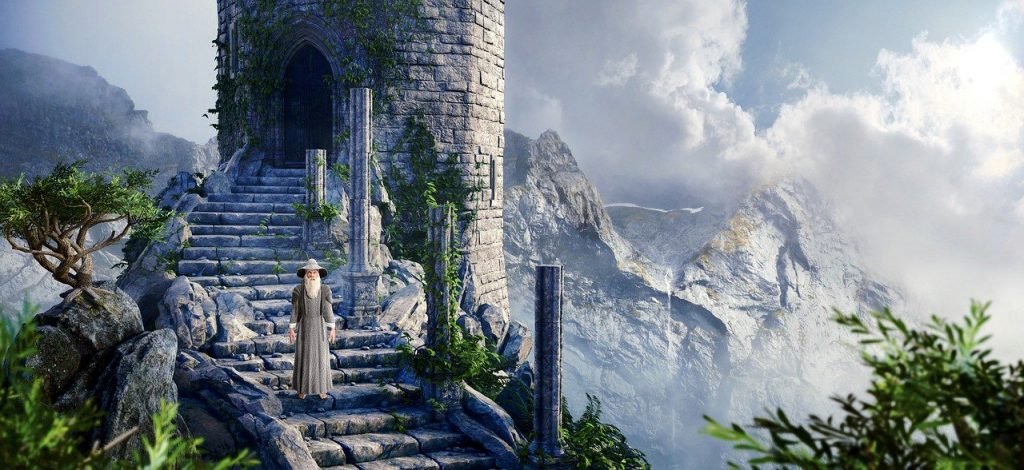 fantasy, mountains, man